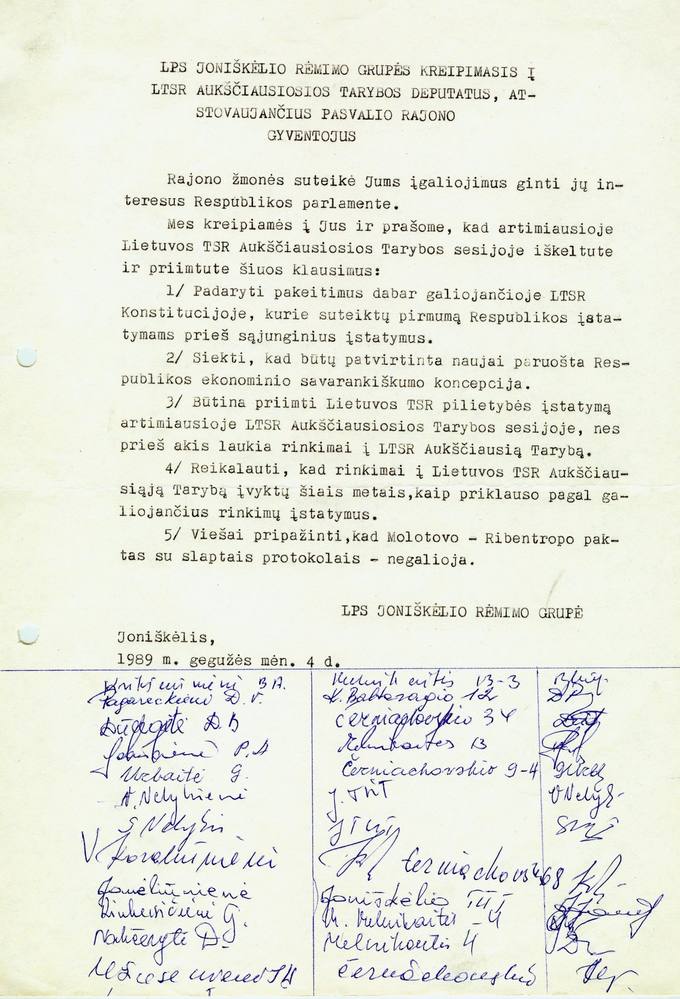 LPS Joniškėlio rėmimo grupės 1989 m. gegužės 4 d. kreipimasis į LTSR Aukščiausiosios Tarybos deputatus, atstovaujančius Pasvalio rajono gyventojus